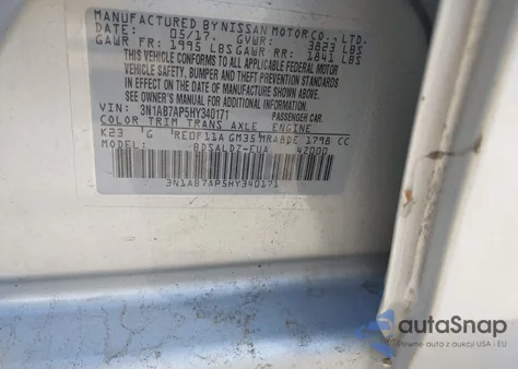 2017 Nissan Sentra Sv z USA, uszkodzony, nr VIN 3N1AB7AP5HY340171